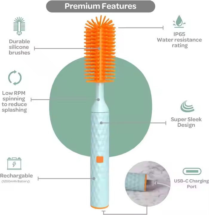 Rechargeable 360° Rotating Silicone Bottle Brush – Smart Baby Cup & Pacifier Cleaner